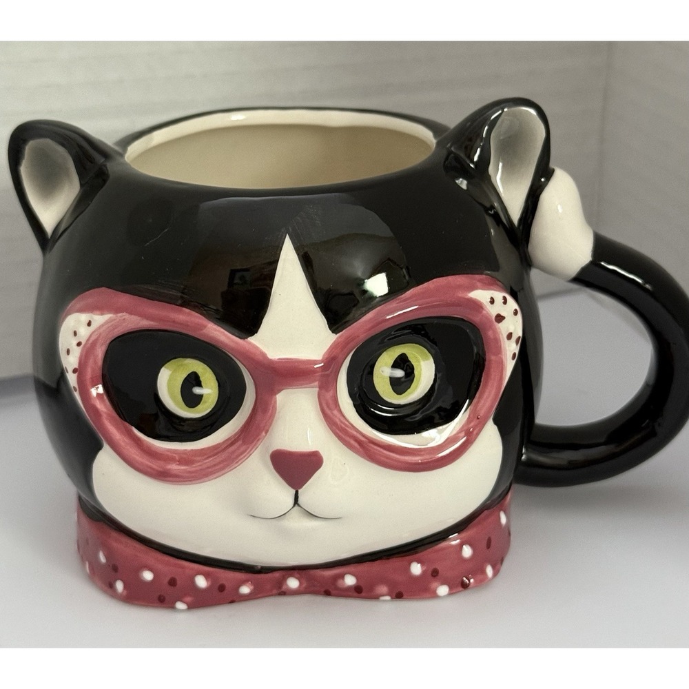 Novelty Tuxedo, Cat Mug 3-D Sculpted Face With Pink Glasses and Polka Dot Bow